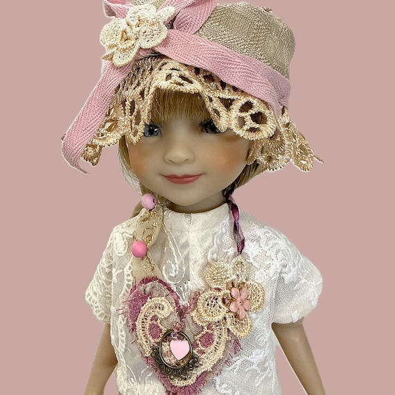 OOAK Doll Clothes: Tea-Stained Lace Skirt, Top, Hat & Necklace - Fits 15" Ruby Red Doll