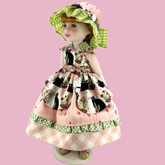 Cats in a Pink Garden Dress - Doll Clothes Outfit for 15” Doll like Ruby Red