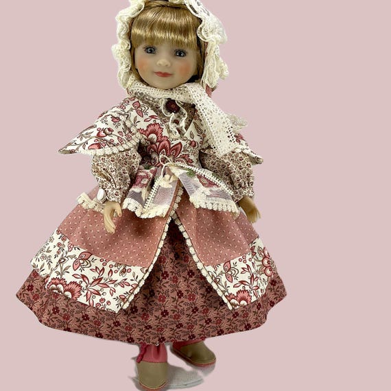 OOAK Floral Doll Dress Outfit: Lace Bonnet, Boots - Fits 15" Ruby Red Doll