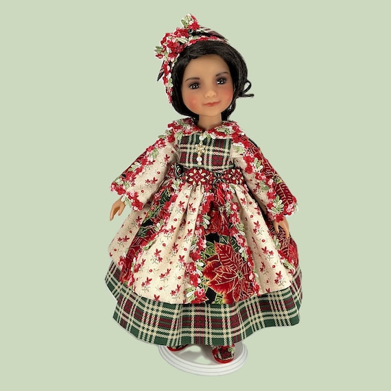 Red Poinsettia and Roses Panel Dress - Doll Clothes Dress for 15” Doll like Ruby Red