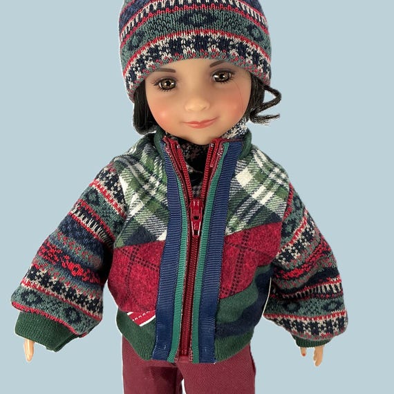 Navy & Cranberry Patched Bomber Jacket Outfit - Doll Clothes for 15” doll like Ruby Red