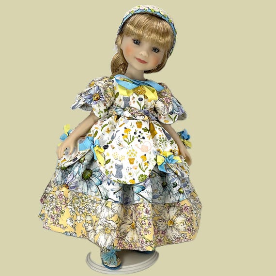 BLUE & YELLOW BOWS Dress - Doll Clothes Dress for 15” Doll like Ruby Red