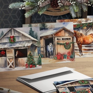 Lot de 5 cartes de Noël équine élégance, lot de 5 belles cartes de Noël de style aquarelle sur le thème des chevaux avec enveloppes (paquet de 5)