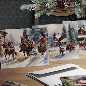 Western Cowboy Weihnachtskarten - 5er-Set Weihnachtsgrüße im Aquarell-Stil mit Umschlägen (5er-Pack)