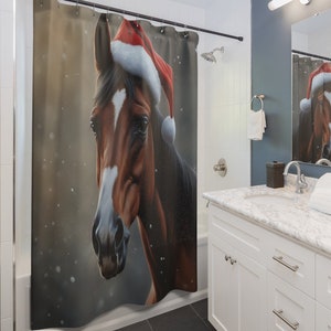 Equestrian Christmas Shower Curtain: Fun Horse with Santa Hat - 71 x 74, Christmas Bath Decor