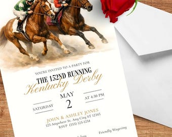 May include: A white invitation for the 152nd Running Kentucky Derby, featuring a watercolour painting of racehorses and jockeys. The text includes the date, time, and RSVP details. A red rose and envelope are in the background.