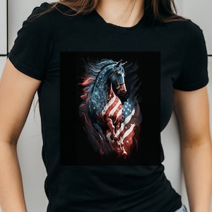 May include: A black t-shirt with a graphic of a horse running with the American flag colors on its body.