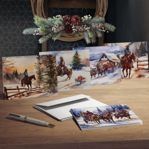 Cartões de Natal de Cowboy Ocidental - Conjunto de 5 saudações de Natal em estilo aquarela ocidental com envelopes, cartões de Natal, cartões de Natal de cowboy