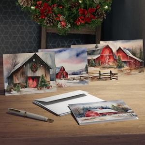 Cartes de Noël sur le thème de la ferme rustique - 5 beaux modèles de style aquarelle avec ensemble de 2 enveloppes rouges granges incluses (paquet de 5)