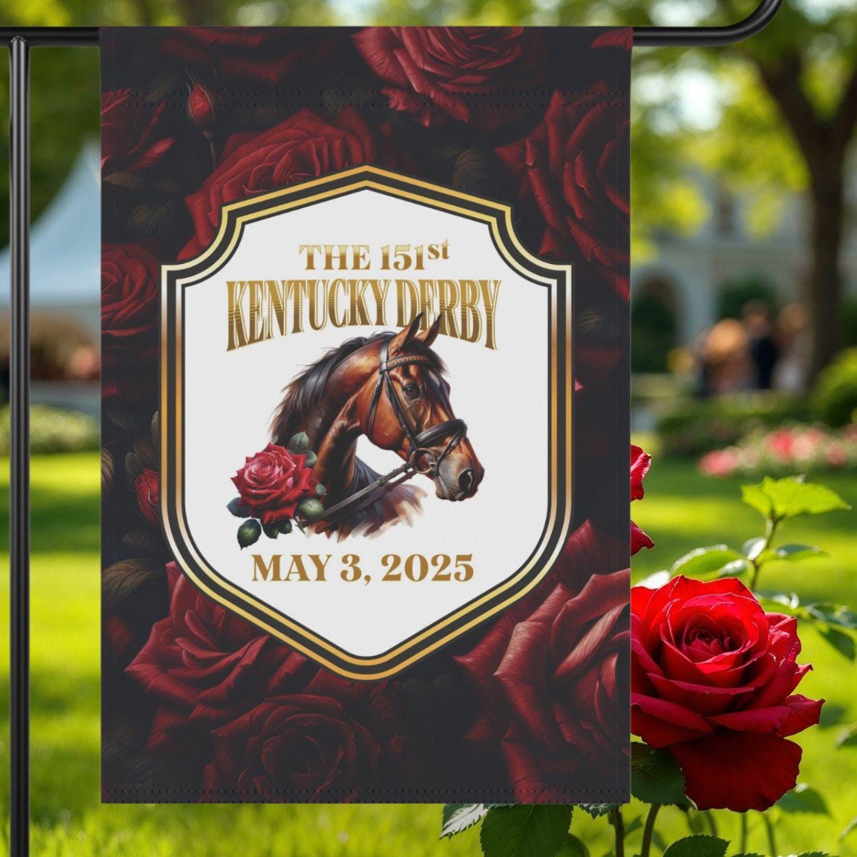 Kentucky Gartenflagge – 31,8x45,7 Cm, Leinenstoff, Doppelseitig, Mit Rosen & Hufeisen-Design