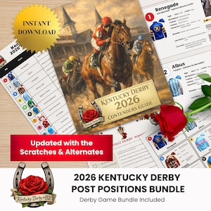May include: A bundle of Kentucky Derby 2026 materials. The main image features a painting of horses and jockeys. Included are a guide, a list of contenders, and a red rose. The text reads "Instant Download" and "Post Positions Bundle."