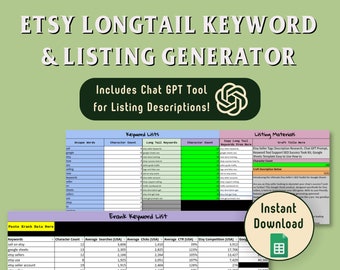 Etsy Keyword SEO Support Tool, Seller Tags Description Research Chat GPT Prompt, Success Tool Kit, Google Sheets Template Easy to Use How to