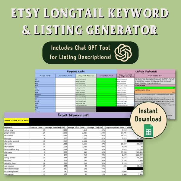 Etsy Keyword SEO Support Tool, Seller Tags Description Research Chat GPT Prompt, Success Tool Kit, Google Sheets Template Easy to Use How to