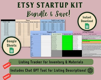 May include: A green, blue, and orange digital worksheet for Etsy sellers. The worksheet is titled "Etsy Startup Kit Bundle & Save!" and includes sections for pricing, profit and cost totals, keyword lists, and listing materials. The worksheet also includes a bonus section with a chat GPT tool for listing descriptions. The worksheet is designed to help Etsy sellers create successful listings.