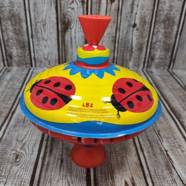 Vintage LBZ 6" Spinning Toy Top Tin Metal West Germany Lady Bug Red Wood Handle