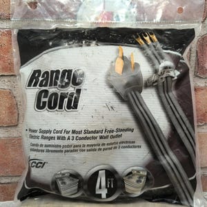 May include: A packaged range cord with a 4-foot length. The package features the text "Range Cord" and includes a power supply cord for most standard free-standing electric ranges with a 3-conductor wall outlet. The cord is gray with gold-colored prongs.