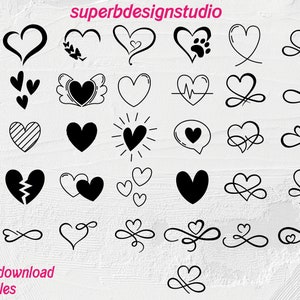 May include: A collection of 36 black and white heart-shaped illustrations. The hearts are in various styles, including simple outlines, filled-in shapes, and intricate designs. The text "superbdesignstudio" and "instant download digital files" is also included in the image.