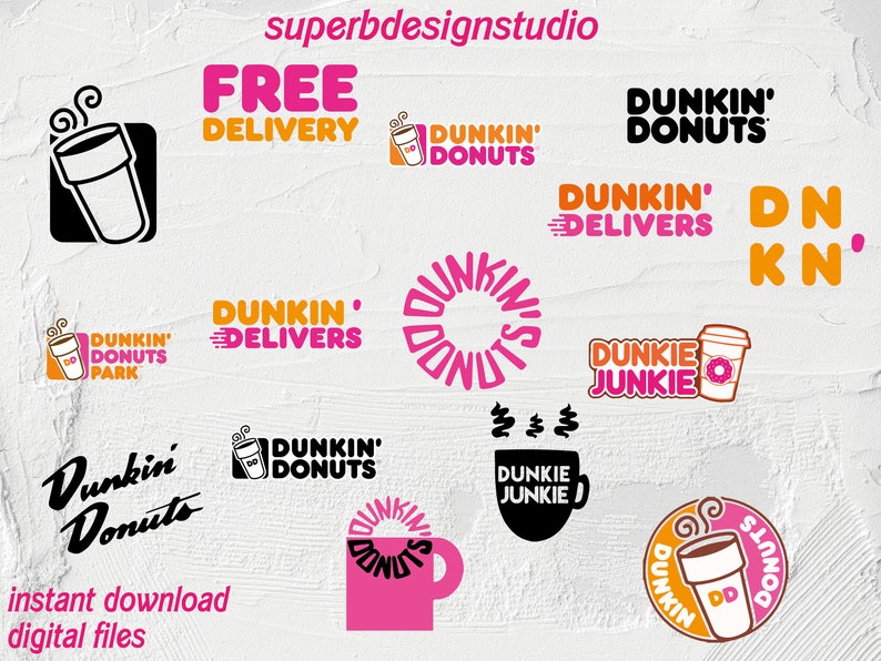 K&ouml;nnte beinhalten: Eine Sammlung von 12 verschiedenen Logos mit der Marke Dunkin' Donuts. Die Logos sind in verschiedenen Farben, darunter Pink, Orange und Schwarz. Einige Logos enthalten den Text "Dunkin' Donuts", w&auml;hrend andere Variationen wie "Dunkin' Delivers" und "Dunkie Junkie" aufweisen.