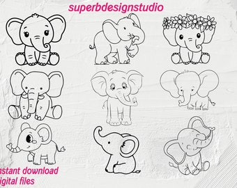 Bundle Svg bébé éléphant, éléphant mignon, svg éléphant fille, contour éléphant, baby shower, body chemise fille, kawaii, silhouette animale, Cricut