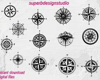 Ensemble de collection de boussole - Boussole SVG, Boussole nautique, Boussole Clipart, Silhouette de boussole, Boussole vintage, Boussole d’aventure, Tatouage de boussole