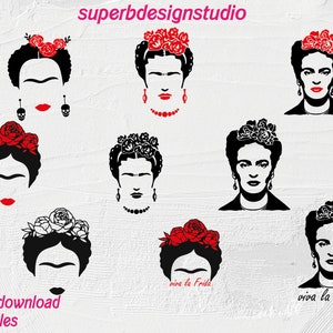 May include: A set of eight black and white digital illustrations of Frida Kahlo, a famous Mexican painter. Each illustration features a different hairstyle and floral crown. The text "viva la Frida" appears twice in the image.