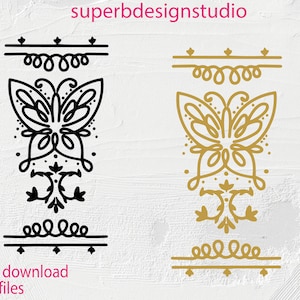 May include: Two digital downloads of a black and gold butterfly design with decorative borders. The butterfly design is intricate and detailed. The borders are simple and elegant.