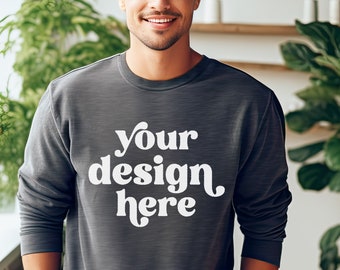 Male Model Dark Heather 18000 Sweatshirt Mockup | Men's Unisex Crewneck Sweatshirt Mockup | Gray Boho Lifestyle | Instant Digital Download