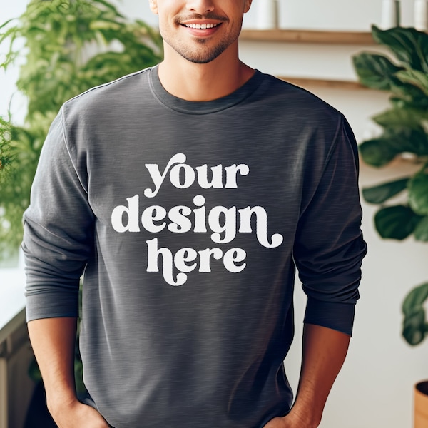 Male Model Dark Heather 18000 Sweatshirt Mockup | Men's Unisex Crewneck Sweatshirt Mockup | Gray Boho Lifestyle | Instant Digital Download