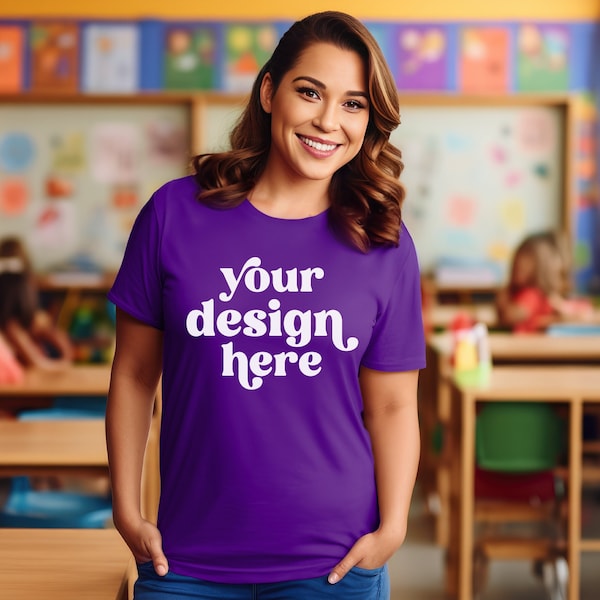 Team Purple Bella Canvas 3001 T-shirt Mockup For Teachers | School Classroom Theme | Solid Colors | Brunette Model | Digital Download