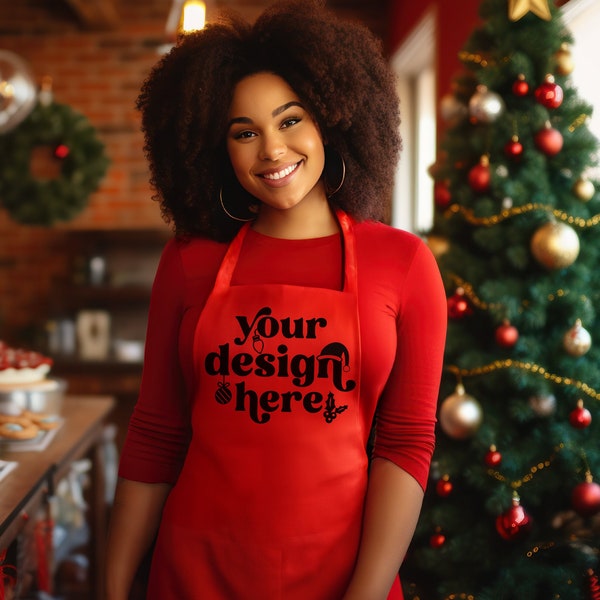 Red Christmas Apron Mockup | Holiday Baking Print On Demand Red Apron Mockup | POD Printify Blank Apron | Canva Edit Etsy Listing Photo