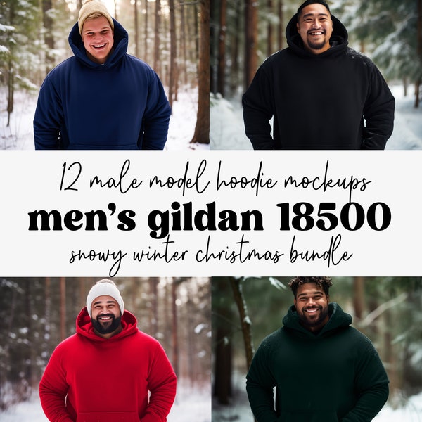 Winter Gildan 18500 Ensemble de maquettes pour hommes de taille plus | Sweat-shirt à capuche de Noël Snowy Forest Holiday | Tailles 2XL-5XL | Téléchargement instantané