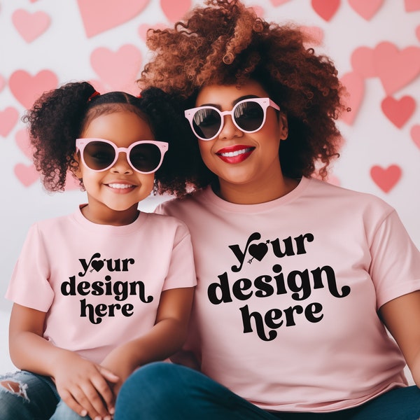 Valentine's Day Bella Canvas 3001Y T-shirt Mockup |  Mother & Daughter T-Shirt Mockup | Pink V-Day Youth Kid's Women | Diverse Models