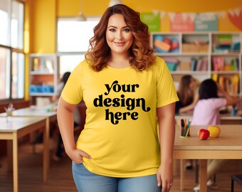 Gelb Bella Canvas 3001 T-Shirt Mockup Für Lehrer | Schule Klassenzimmer Theme | Unifarben | Plus Size Model | Digitaler Download