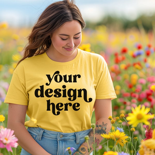 Yellow Bella Canvas 3001 T-Shirt Mockup | Spring Outside Easter Wildflower Aesthetic Lifestyle Mockup | Instant Digital Download