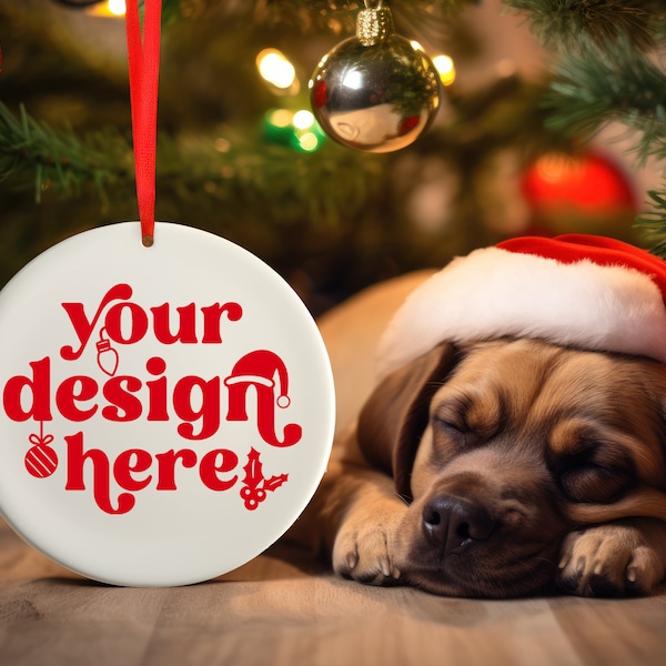 Christmas Circle Ornament Mockup | Holiday POD White Ceramic Dog Puppy Ornament Mockup | Printify Ornament Mockup | Instant Digital Download