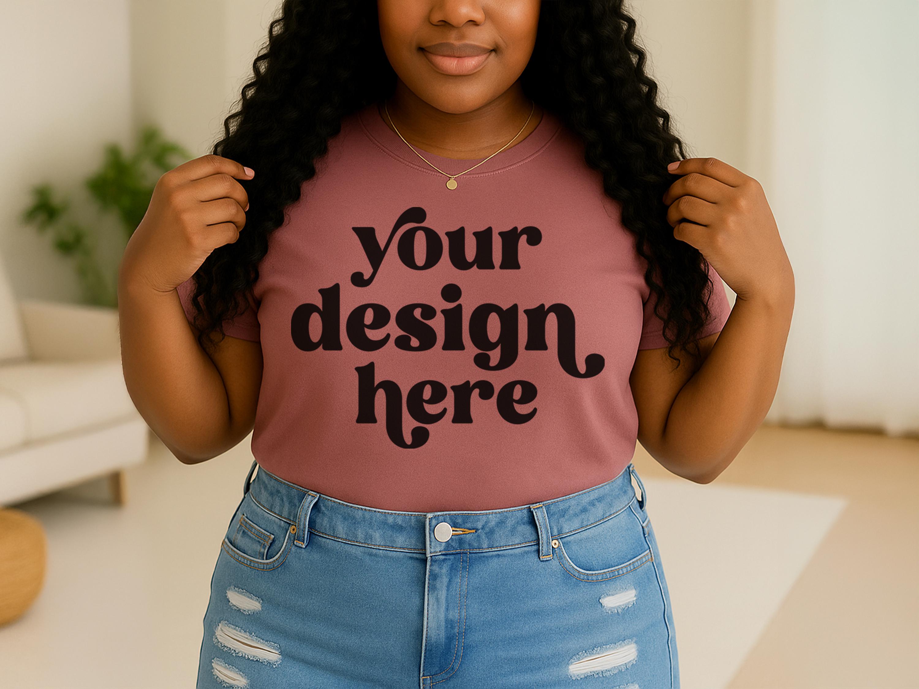 Mauve Bella Canvas 3001 mockup bochtig groot formaat model | BC3001 roze T-shirtmodel | Mockup voor Etsy-listing op Canva | Directe digitale download