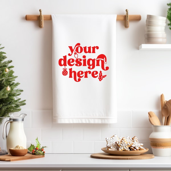 Christmas Kitchen Towel Mockup | One Holiday POD Etsy Mockup | White Kitchen Hand Towel XMas Baking Cookies | Instant Digital Download