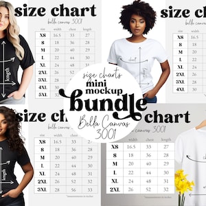 Paquete de maquetas de gráficos de tallas Bella Canvas 3001 / 4 gráficos de tallas de camisetas / Guía de tallas de Bella Canvas / Plus Size XS-5XL / Descarga digital instantánea