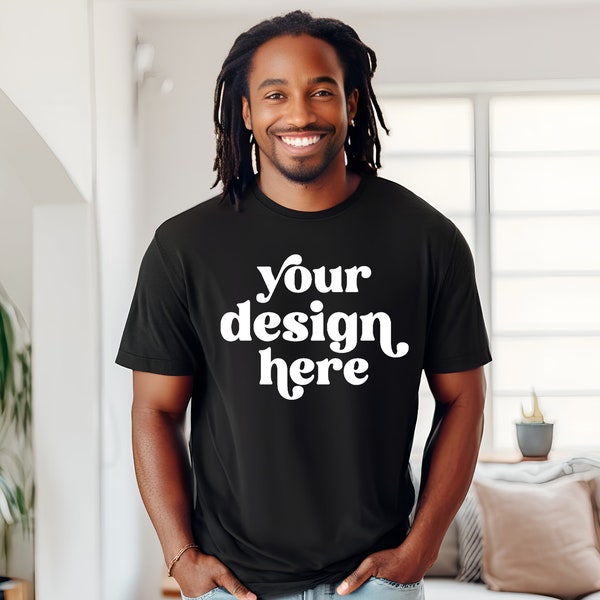 Male Model Bella Canvas 3001 T-Shirt Mockup | Men's Unisex Black Tee Mockup | Black Model With Dreadlocks | Instant Digital Download