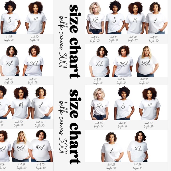 Bella Canvas 3001 Size Chart | T-Shirt Size Chart Mockup | Bella Canvas Size Guide | Diverse & Plus Size Models | Digital Download