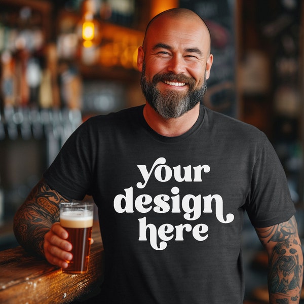 St. Patrick's Day Bella Canvas Men's 3001 Dark Gray Heather T-shirt Mockup | Male Model | Lifestyle Aesthetic Irish Pub | Digital Download