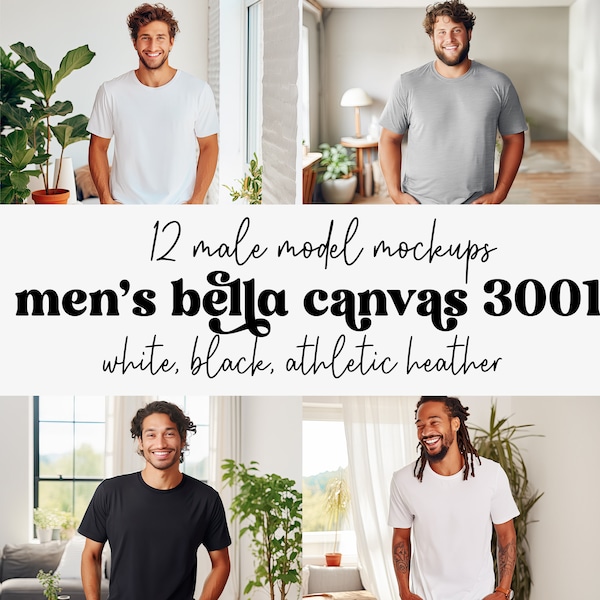 Bella Canvas 3001 Mockup Men | Mens T-Shirt Mockup Bundle | Bella Canvas 3001 Unisex Mockup Black Athletic Heather | Male Model Shirt Mockup