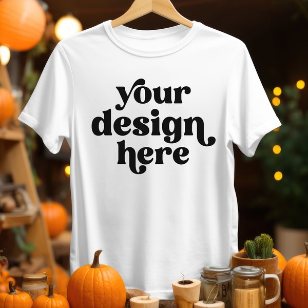 Autumn Bella Canvas 3001 T-Shirt Hanging Mockup | Fall Leaves & Pumpkins Picnic Flat Lay | Digital Download