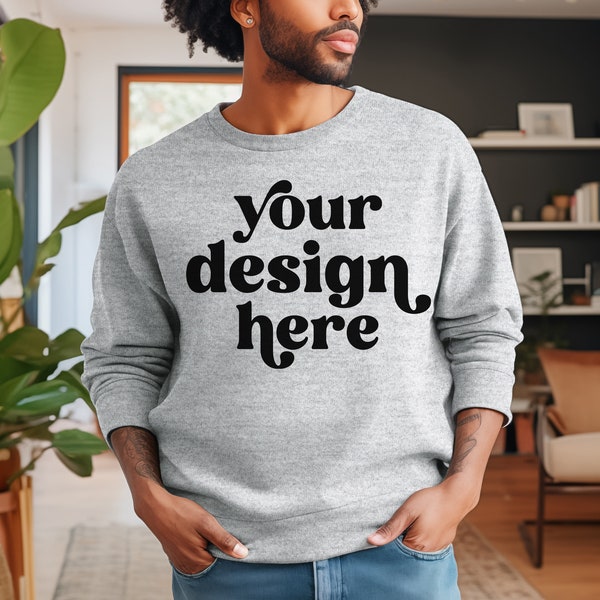 Male Model Gildan 18000 Sweatshirt Mockup | Minimalist Men's Unisex Sport Grey Crewneck Mockup | Black Model | Instant Digital Download