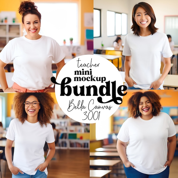 Bella Canvas 3001 T-Shirt Teacher Mockup Bundle | School Classroom Theme | White T-Shirt Mockups | Diverse Models | Instant Digital Download