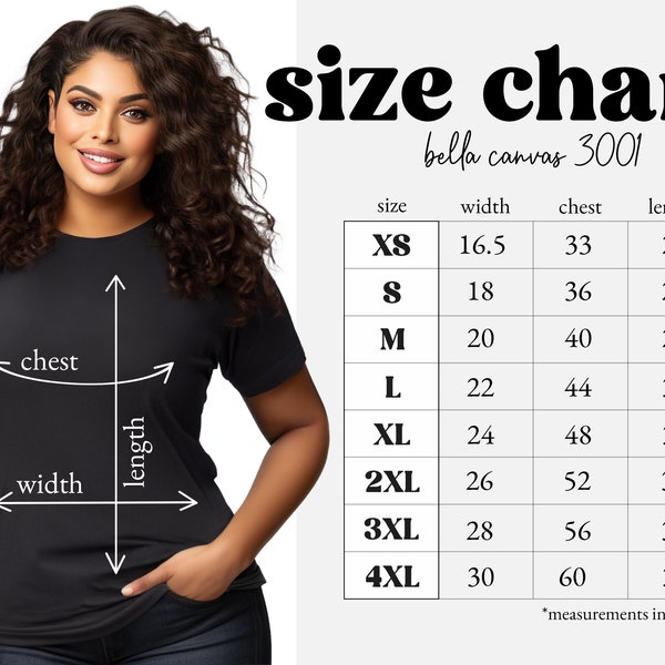 Bella Canvas 3001 Size Chart | Four T-Shirt Size Chart Mockups XS-5XL | Bella Canvas Size Guide | Indian Model | Digital Download