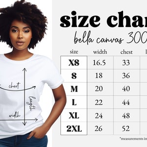 Bella Canvas 3001 Tabla de tallas / Cuatro maquetas de tablas de tallas de camisetas XS-5XL / Guía de tallas de Bella Canvas / Modelo negro / Descarga digital
