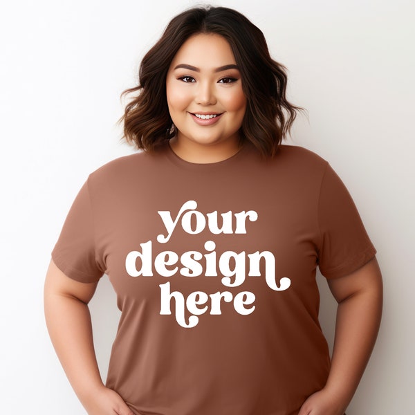 Chestnut Brown Bella Canvas 3001 T-Shirt Mockup | Plus Size Model | Minimalist Background | POD Mockup | Transparent PNG | Instant Download