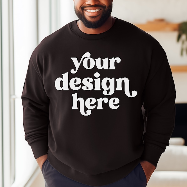 Male Model Gildan 18000 Sweatshirt Mockup | Men's Unisex Dark Chocolate Brown Crewneck | Boho Lifestyle Mockup | Instant Digital Download