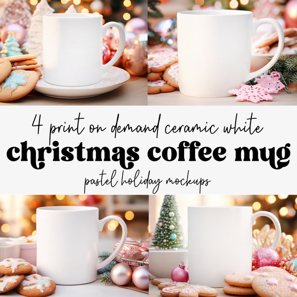 Christmas Coffee Mug Mockup Mini Bundle | 4 Holiday POD Etsy Mockups | Coffee Cup Pastel Pink XMas Cookie Baking | Instant Digital Download